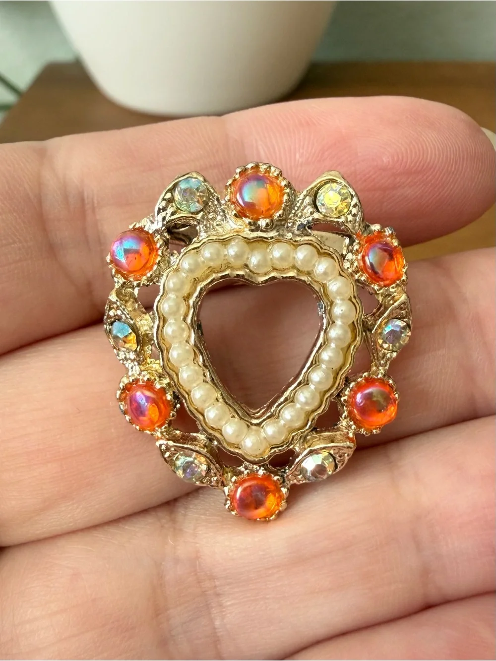 Vintage AB Orange Pink Cabochon & Crystal Rhinestones Pearls Heart Brooch Pin